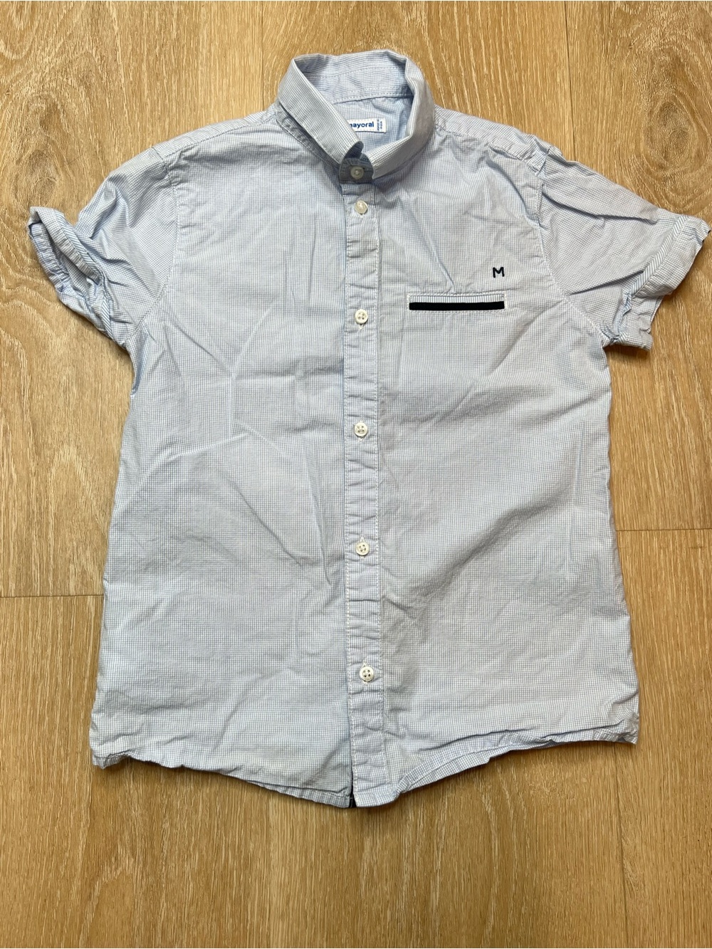 Mayoral Blue Thin Stripe Checkered Button Up Collared Dress Shirt Boys Size 5